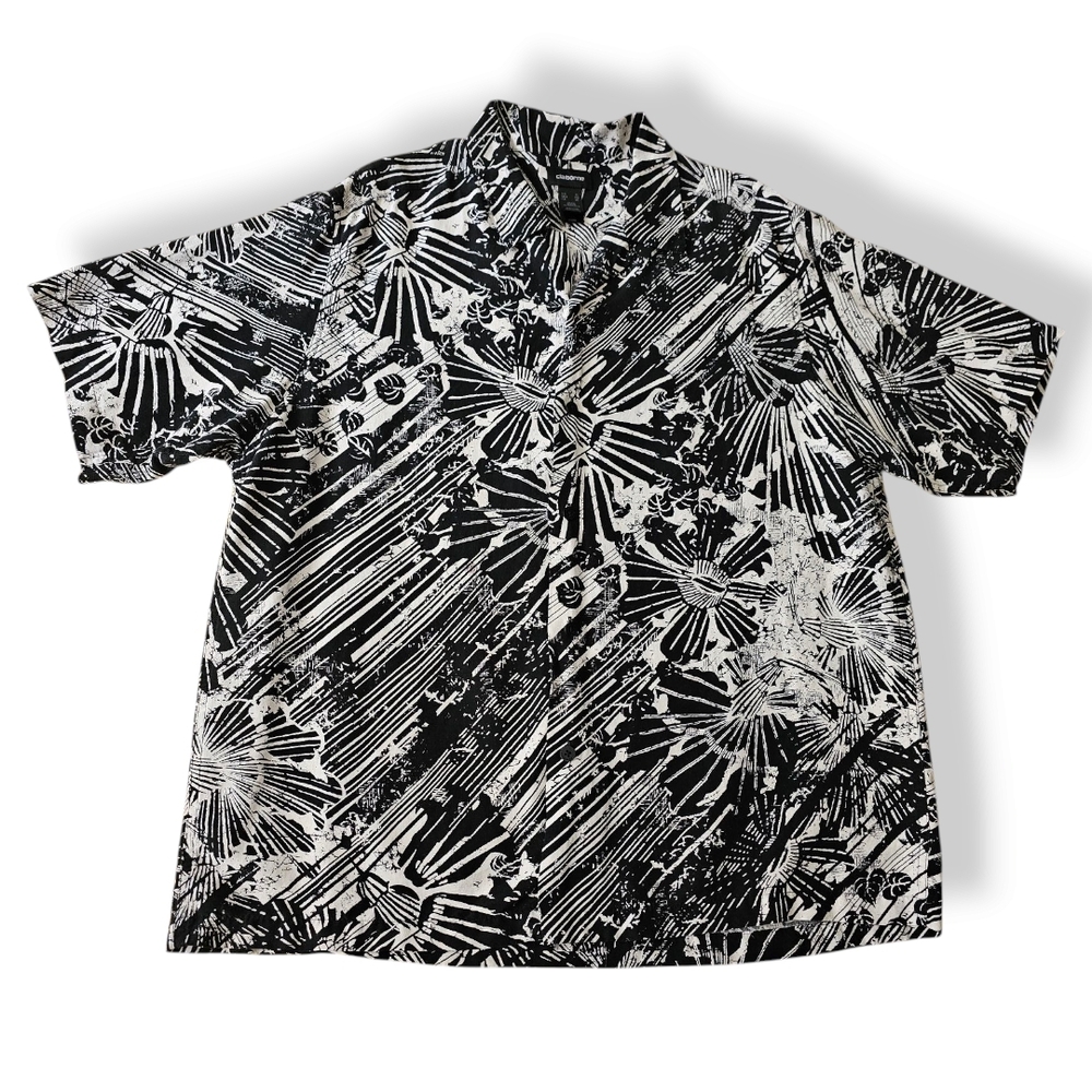 Claiborne Black & White Silk/Linen Blend Floral Abstract Print Shirt Size XL